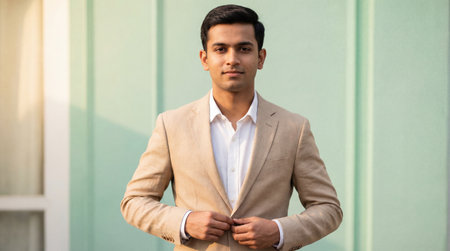 Well dressed young man in beige blazer standing confidently outdoors against pastel green wall in soft natural sunlight.の素材