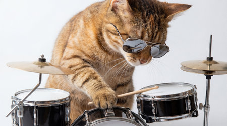 Cool tabby cat wearing sunglasses energetically playing drums with wooden sticks on small percussion set in bright studio setting.の素材
