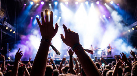excited crowd raising hands at lively night concert with colorful stage lights and energetic live music performance.の素材