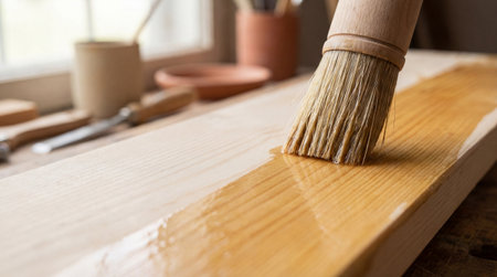 Close up of a wooden board being brushed with protective clear varnish indoors under soft natural window light.の素材