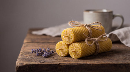 Handmade rolled beeswax candles tied with rustic twine on wooden table beside lavender sprig in cozy natural home setting.の素材