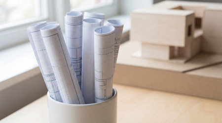 Rolled architectural blueprints in container with modern wooden house model on bright minimalist office desk near window.の素材