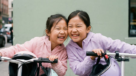 Two joyful twin asian girls laughing together while riding scooters in the city street, wearing colorful jackets and protective helmets.の素材