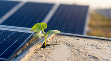 Green plant sprout emerging from cracked soil near solar panels symbolizing sustainable energy and environmental resilience.の素材