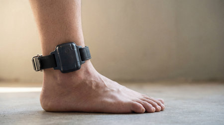 Barefoot person indoors wearing electronic ankle monitor on leg, closeup of tracking device used for surveillance and security.の素材
