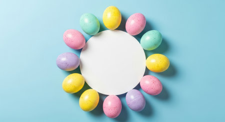 Colorful speckled easter eggs arranged in circular pattern around blank white paper on pastel blue background for festive spring design.の素材