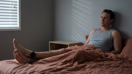 Man with ankle monitor lying in bed in dimly lit bedroom, feeling lonely and isolated in early morning natural window light.の素材