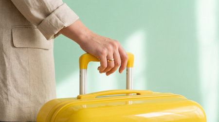 Close up of woman hand holding yellow suitcase handle against mint green wall ready for travel and modern minimalist vacation.の素材
