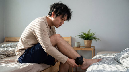Tired man sitting on bed at home adjusting ankle monitor device with focused expression in quiet bedroom interior.の素材