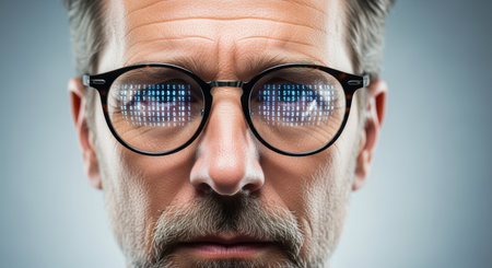 focused mature man with digital code reflected in eyeglasses, symbolizing cybersecurity, data analysis and futuristic technology vision.の素材