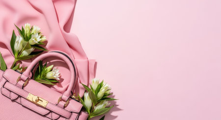 elegant pink handbag with spring flowers and soft fabric on pastel background showcasing feminine fashion and seasonal accessories.の素材