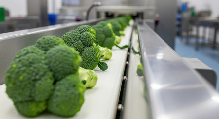 Fresh broccoli florets moving along automated conveyor belt in modern food processing facility for packaging and quality control.の素材