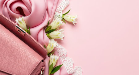 Soft pink handbag with delicate white flowers and lace ribbon on pastel background creating feminine romantic flat lay composition.の素材