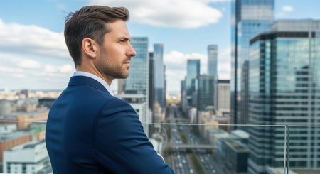Confident businessman in suit overlooking modern city skyline from rooftop terrace with urban skyscrapers and blue sky backdrop.の素材