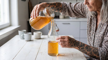 Elderly tattooed woman pouring homemade kombucha from glass jar into bottle in bright minimalist kitchen with natural morning light.の素材