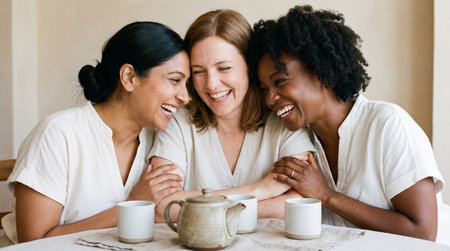 Diverse female friends sharing laughter over tea at a cozy table, enjoying warm connection and relaxed conversation together.の素材