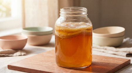 Glass jar of homemade kombucha with floating scoby on wooden board in warm natural kitchen light and soft neutral background.の素材