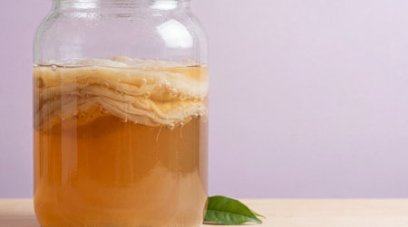 Fermenting kombucha tea in glass jar with scoby on wooden table against pastel background for healthy homemade probiotic beverage.の素材
