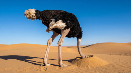 Ostrich with head buried in sand standing alone in bright desert landscape under clear blue sky and warm sunlight.の素材