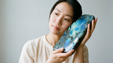 Peaceful woman gently holding large iridescent labradorite crystal slab against her face in serene minimalist indoor setting.の素材