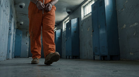Inmate in orange jumpsuit walking down dim prison corridor with handcuffs on wrists under surveillance cameras and metal lockers.の素材