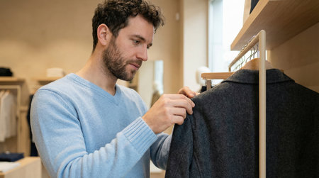 Man carefully examining dark wool coat in modern boutique clothing store while shopping for stylish seasonal outerwear indoors.の素材