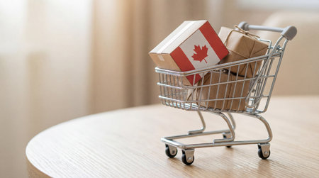 Small shopping cart filled with maple leaf package and parcels on wooden table symbolizing canadian online retail and delivery services.の素材