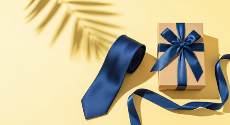 Elegant blue necktie and gift box with ribbon on pastel yellow background creating stylish composition with shadow of palm leaf.の素材