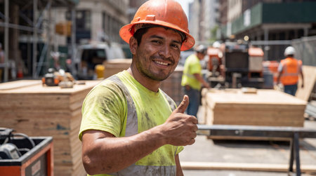 Construction worker in safety gear giving thumbs up at busy urban building site during daytime with colleagues working in background.の素材