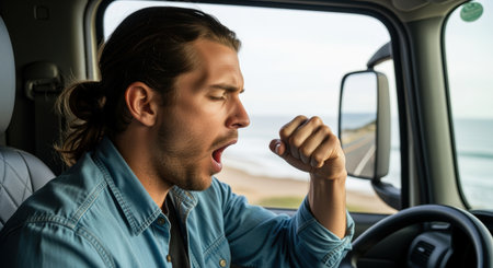 Sleepy male driver yawning behind the wheel during a road journey, showing fatigue and drowsiness while traveling by the coast.の素材