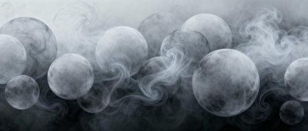 Mysterious floating spheres surrounded by swirling mist in a dark, ethereal atmosphere with a surreal, dreamy ambiance.の素材