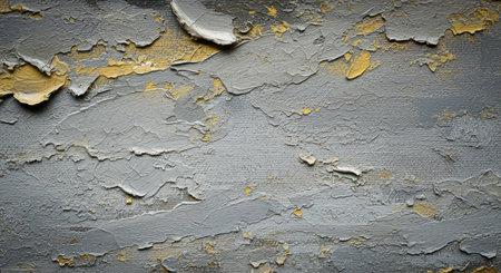 Textured abstract gray and gold wall with cracked peeling plaster surface and rough grunge cement background detail.の素材
