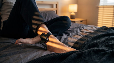 Person with electronic ankle monitor sitting on bed at home in morning light, illustrating confinement, surveillance and privacy concerns.の素材