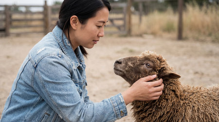 Woman gently bonding with brown sheep in rural farm setting, portraying compassion, care for animals and peaceful countryside lifestyle.の素材