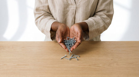 Person in neutral shirt holding scattered metal screws over wooden table, displaying hardware components with open cupped hands.の素材