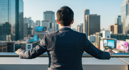 Confident businessman in suit overlooking modern city skyline from rooftop during sunrise, inspiring ambition and leadership vision.の素材