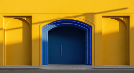Modern curved blue door with neon lights set in a bright yellow geometric wall featuring angular shadows and urban minimalism.の素材