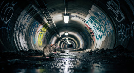 Rat exploring wet graffiti covered urban tunnel with dramatic lighting reflections and gritty underground atmosphere at night.の素材