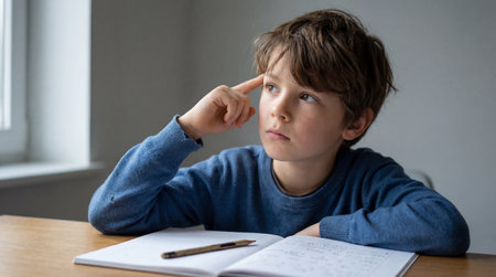 Thoughtful schoolboy sitting at desk with open notebook, doing homework and daydreaming while looking away in quiet classroom interior.の素材