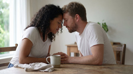 Interracial couple sharing intimate foreheads together moment at wooden kitchen table with coffee mug in cozy natural light.の素材