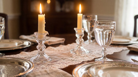Elegant table setting with lit candles, lace runner, silver plates and crystal glasses creating a warm intimate dining atmosphere.の素材