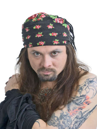 bearded an with tattoo and bandannaの写真素材