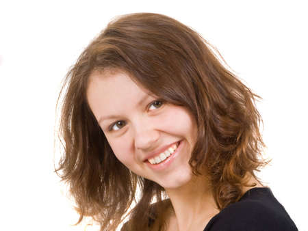 the curly-headed girl smile isolated on whiteの写真素材