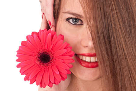 the beautiful girl and red flower isolated on whiteの写真素材