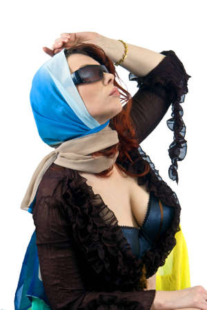 the woman in shawl and glassesの写真素材
