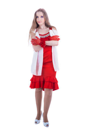 fashion girl in red dress isolated on whiteの写真素材