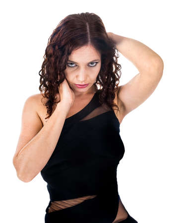 pretty fashion female in black dress isolated on whiteの写真素材