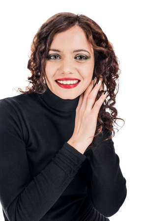 beautiful black dressed female isolated on whiteの写真素材
