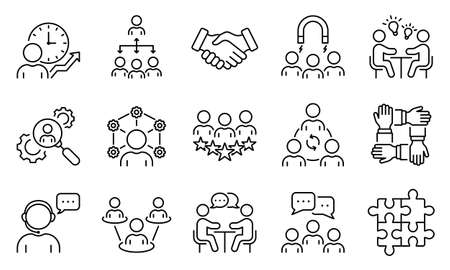 Group Team Network Line Icon Set. Community Business People Work Process Linear Pictogram Collection. Time Management, Service Management Outline Icon. Editable Stroke. vectorのイラスト素材