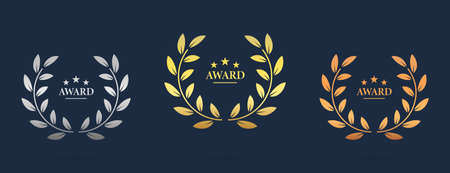 Gold Bronze Silver Champion Prize Chaplet Achievement Silhouette Icon Set on Dark Background. Laurel...